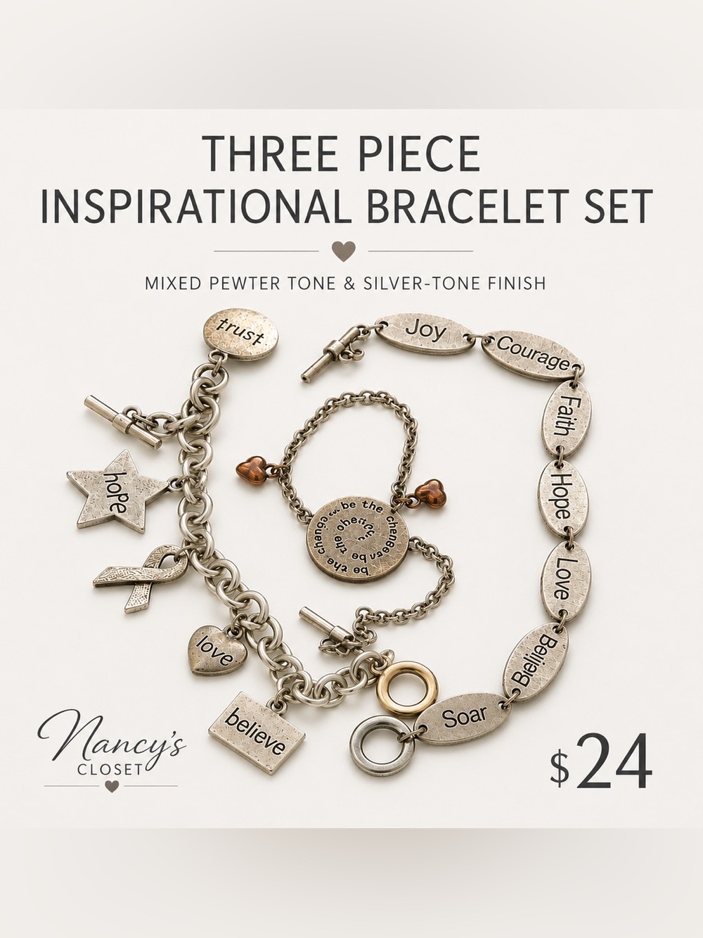 Three-Piece Inspirational Bracelet Set - Mixed Pewter Tone